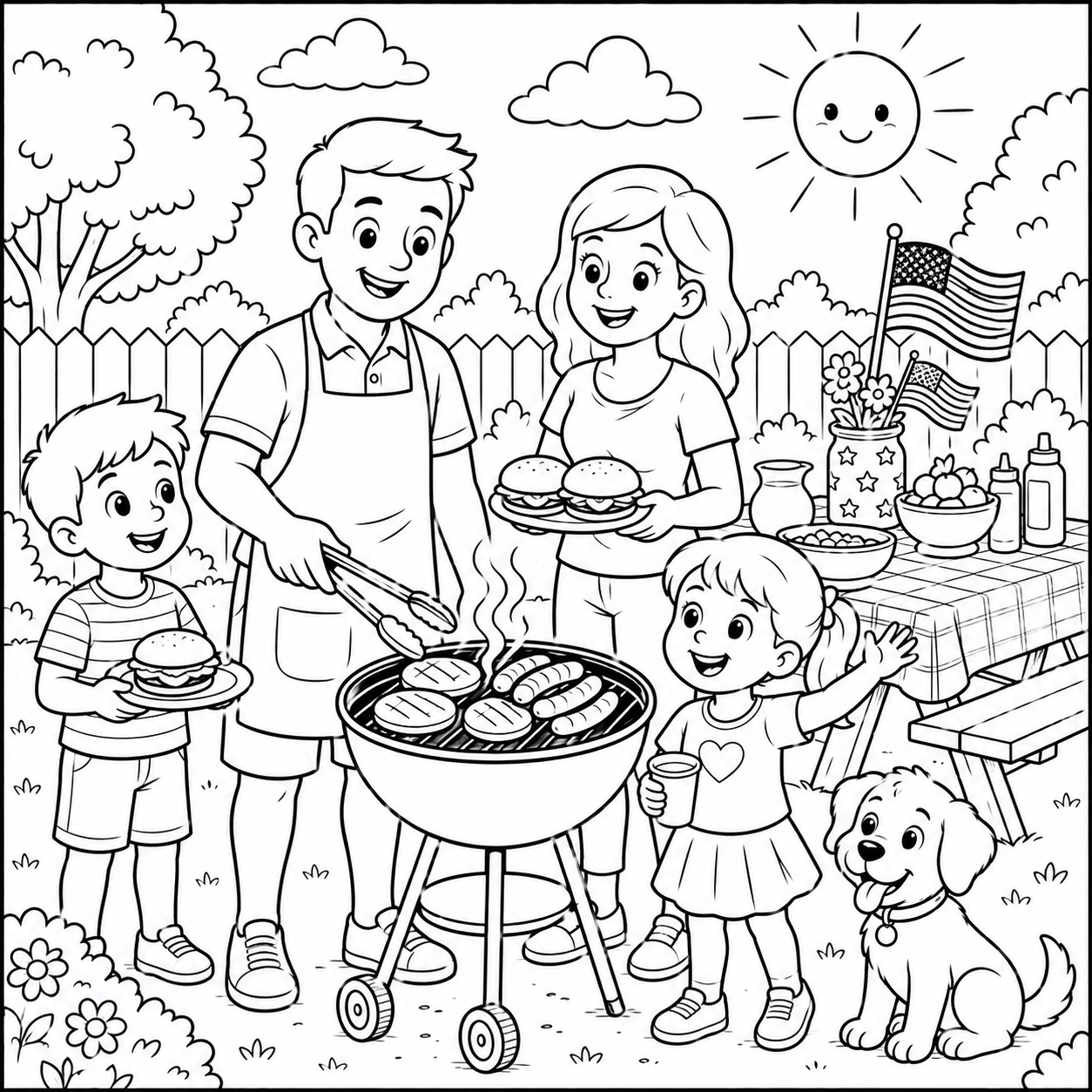 Family BBQ on Labor Day coloring page with backyard barbecue grill, picnic table, and smiling family